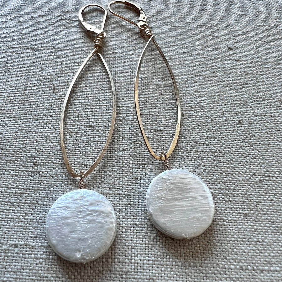 Long Coin Pearl Earrings in Gold